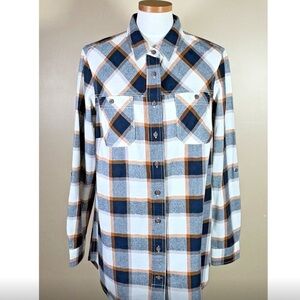 Duluth Trading Company Black Brown White Plaid Button  Flannel Tunic Shirt L